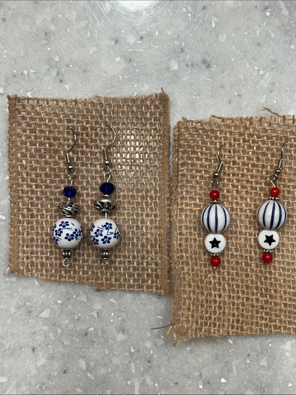 Set of 2: Blue & Red Ceramic Bead Drop Earrings with Navy Accents